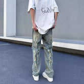 Threebooy Y2K Streetwear Cross Patchwork Baggy Stacked Jeans Pants For Men Clothing Straight Old Denim Trousers Pantaloni Uomo